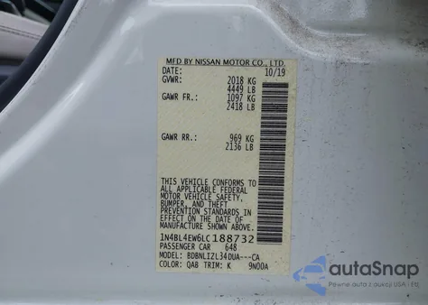 2020 Nissan Altima Sl Intelligent Awd z USA, uszkodzony, nr VIN 1N4BL4EW6LC188732